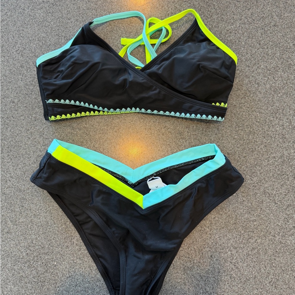 Cupshe Black Bikini with Neon Green and Blue Accents